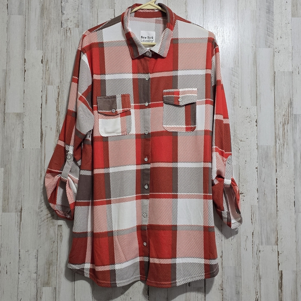 New York Laundry Red Brown White Plaid Button Down Shirt Plus Size 2X